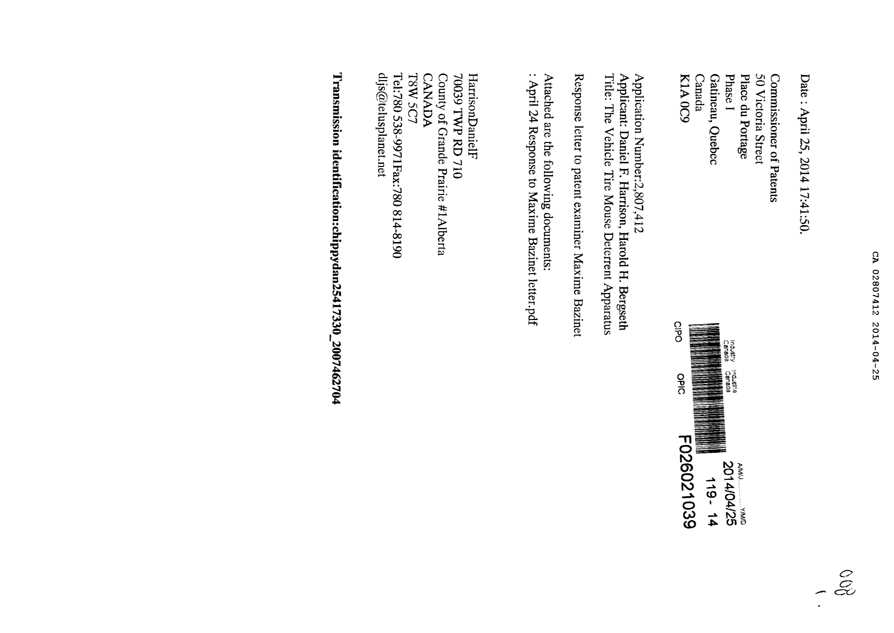 Document de brevet canadien 2807412. Poursuite-Amendment 20131225. Image 1 de 4