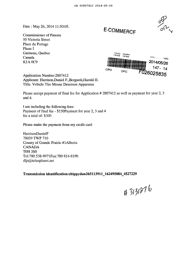 Canadian Patent Document 2807412. Correspondence 20131226. Image 1 of 1