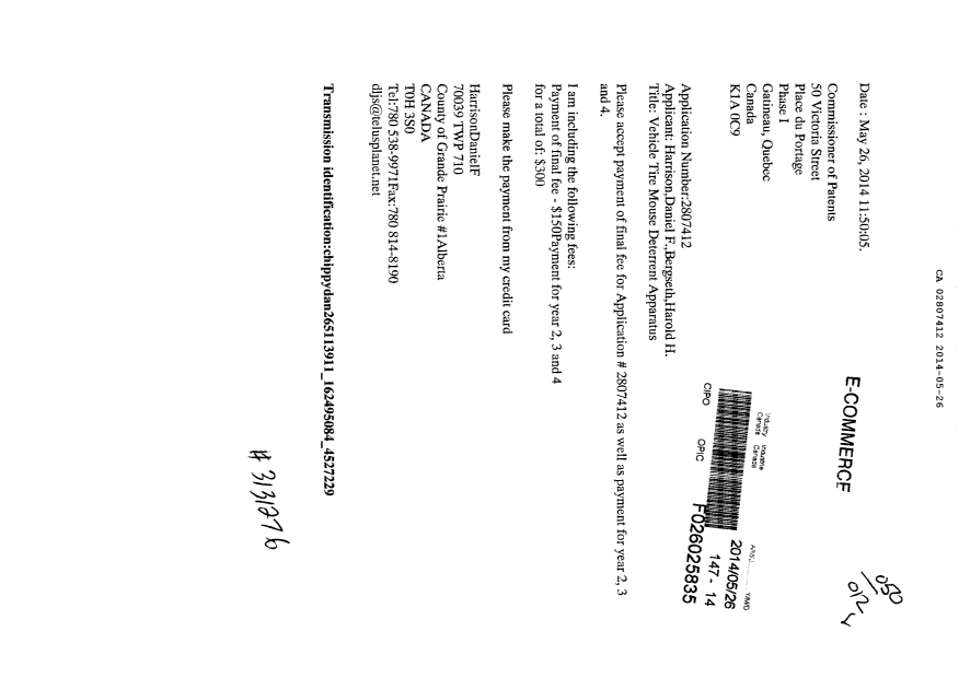 Document de brevet canadien 2807412. Correspondance 20131226. Image 1 de 1