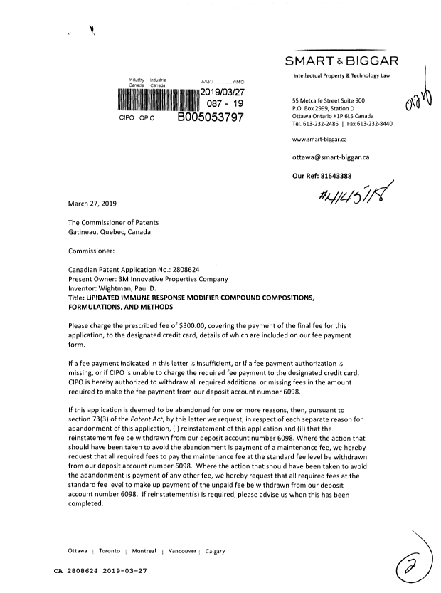Canadian Patent Document 2808624. Correspondence 20181227. Image 1 of 2