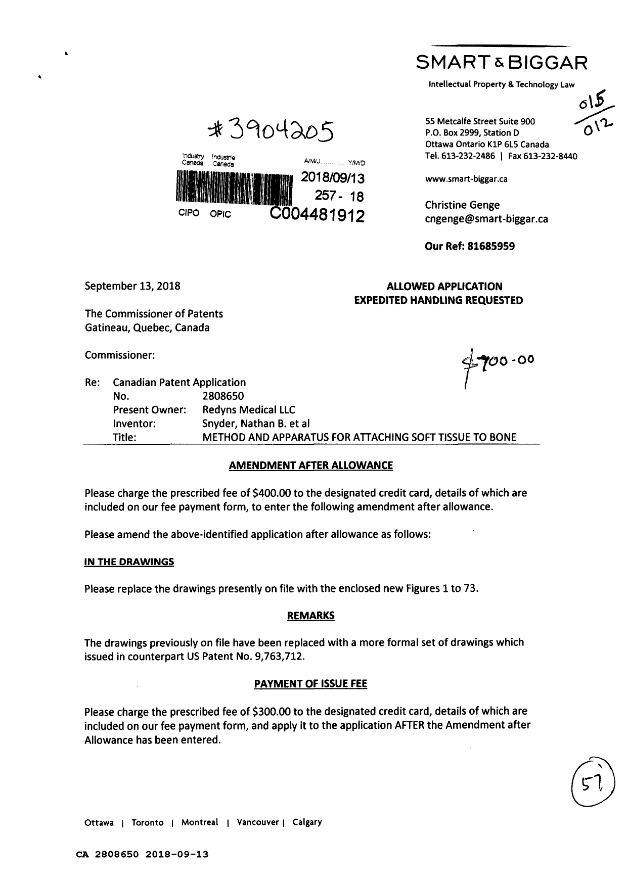Canadian Patent Document 2808650. Final Fee 20180913. Image 1 of 2