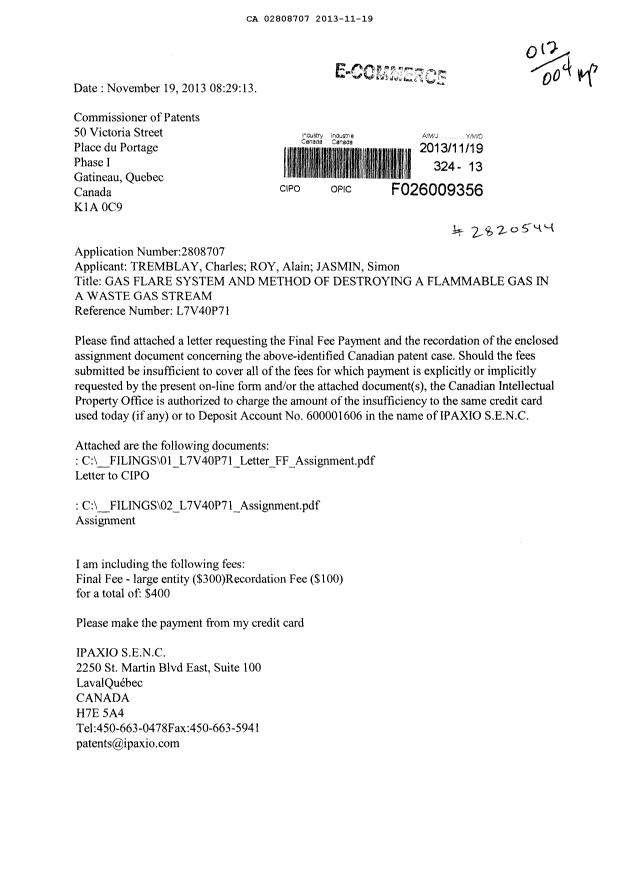 Canadian Patent Document 2808707. Correspondence 20121219. Image 1 of 4