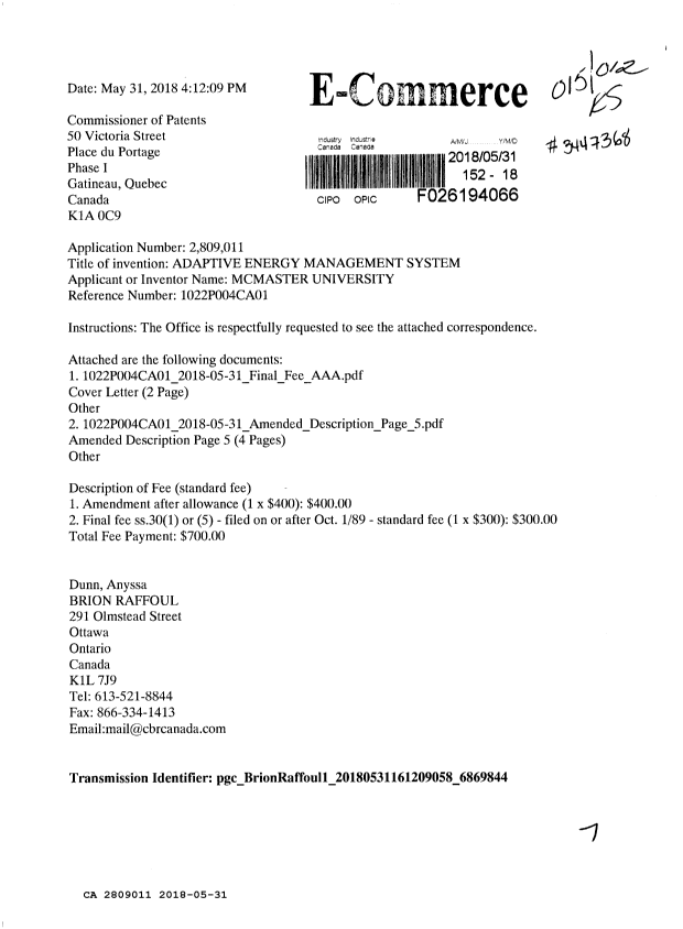 Document de brevet canadien 2809011. Taxe finale 20180531. Image 1 de 3