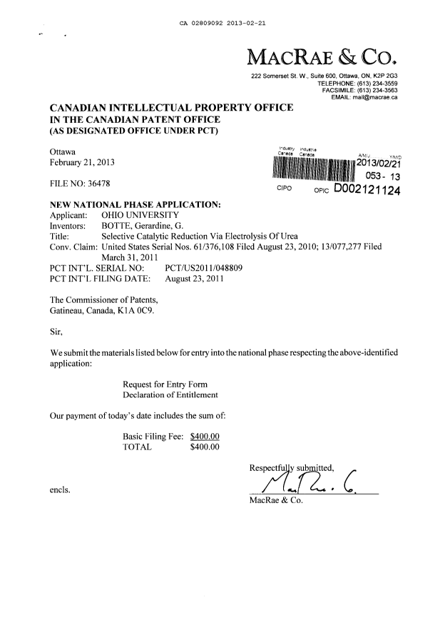 Document de brevet canadien 2809092. Cession 20130221. Image 1 de 4