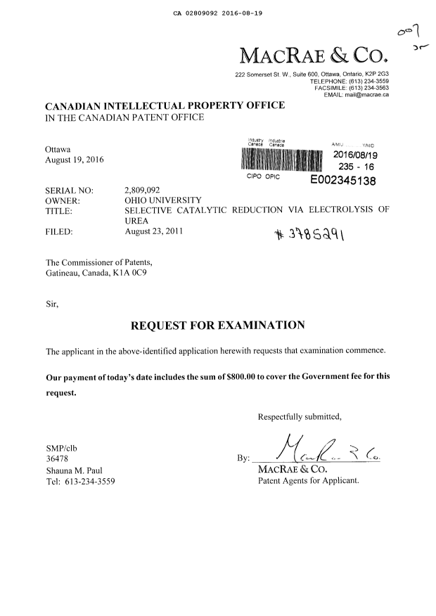 Document de brevet canadien 2809092. Requête d'examen 20160819. Image 1 de 1