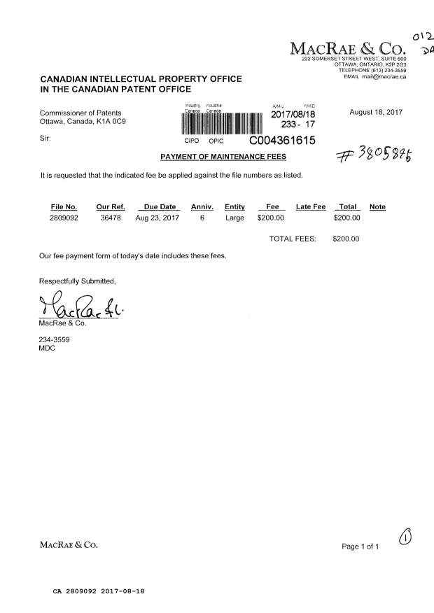 Document de brevet canadien 2809092. Paiement de taxe périodique 20170818. Image 1 de 1
