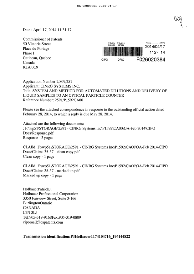 Canadian Patent Document 2809251. Prosecution-Amendment 20131217. Image 1 of 5