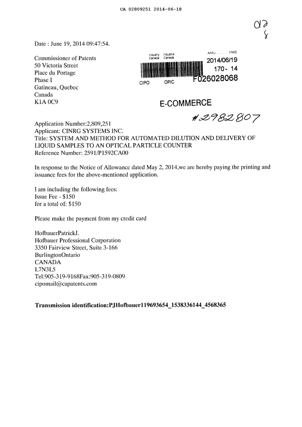 Canadian Patent Document 2809251. Correspondence 20131218. Image 1 of 1