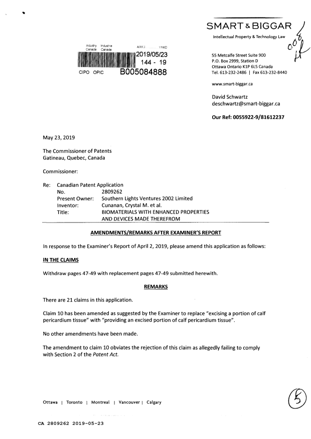 Canadian Patent Document 2809262. Amendment 20190523. Image 1 of 5