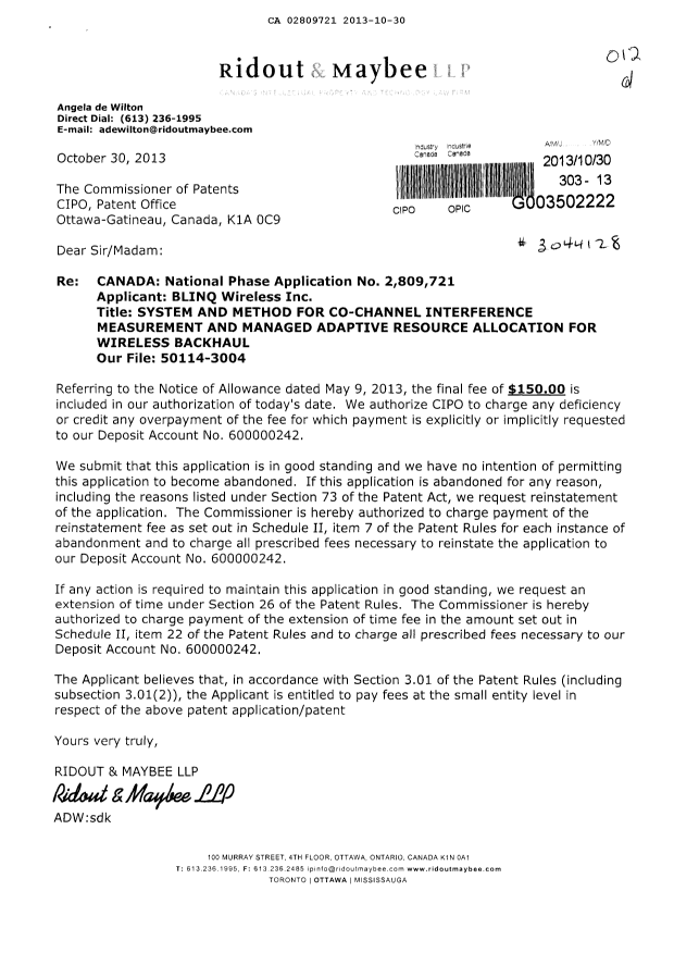 Canadian Patent Document 2809721. Correspondence 20131030. Image 1 of 1