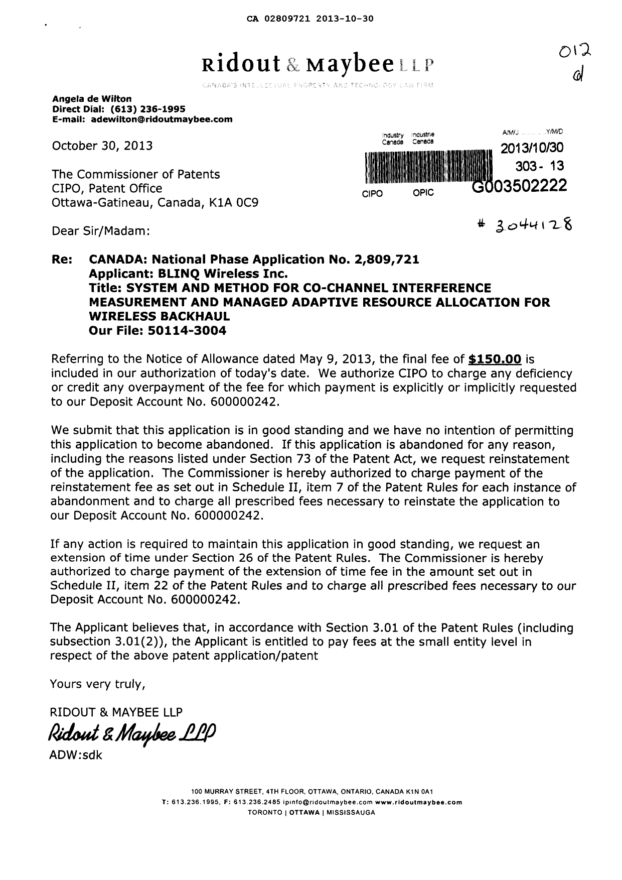Canadian Patent Document 2809721. Correspondence 20131030. Image 1 of 1