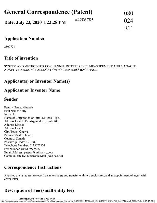 Document de brevet canadien 2809721. Changement de nomination d'agent 20200723. Image 1 de 7