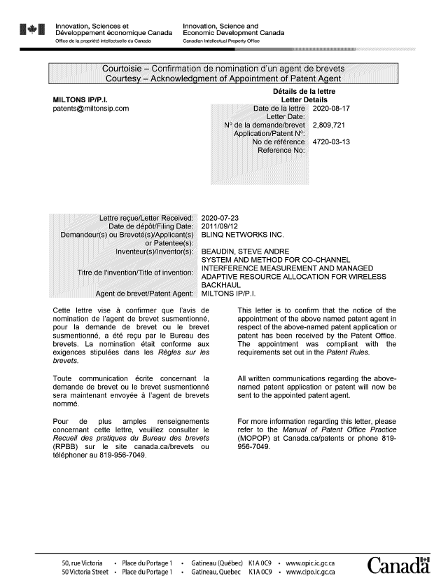 Document de brevet canadien 2809721. Lettre du bureau 20200817. Image 1 de 1