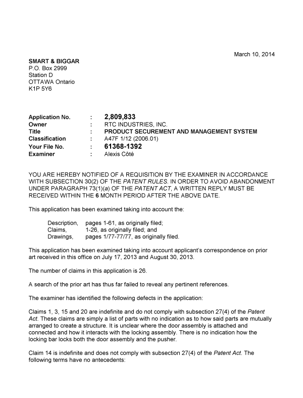 Canadian Patent Document 2809833. Prosecution-Amendment 20131210. Image 1 of 2