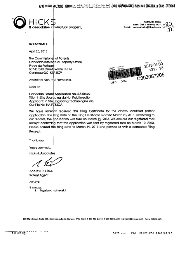 Canadian Patent Document 2810022. Correspondence 20121230. Image 1 of 3