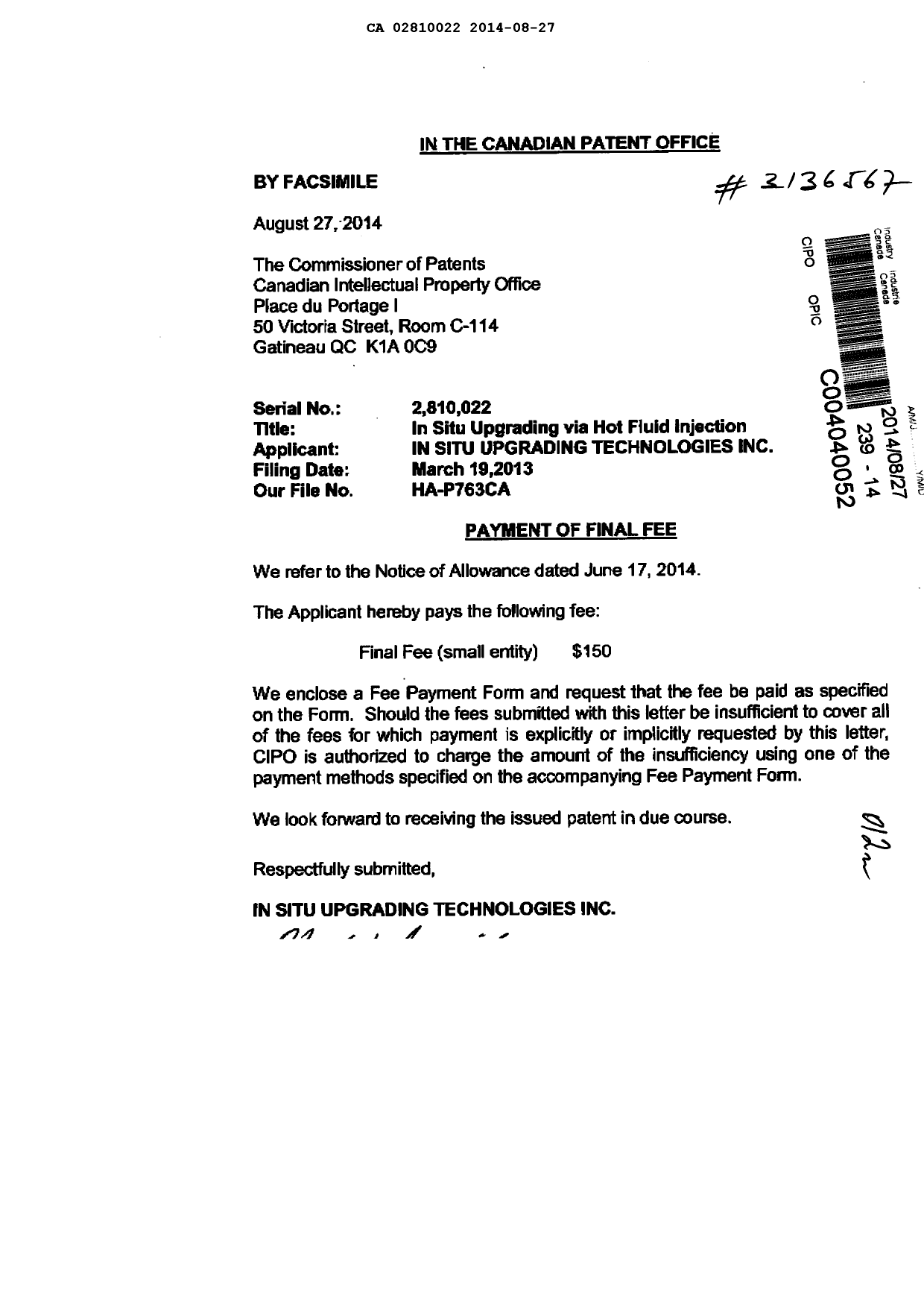 Document de brevet canadien 2810022. Correspondance 20131227. Image 1 de 2