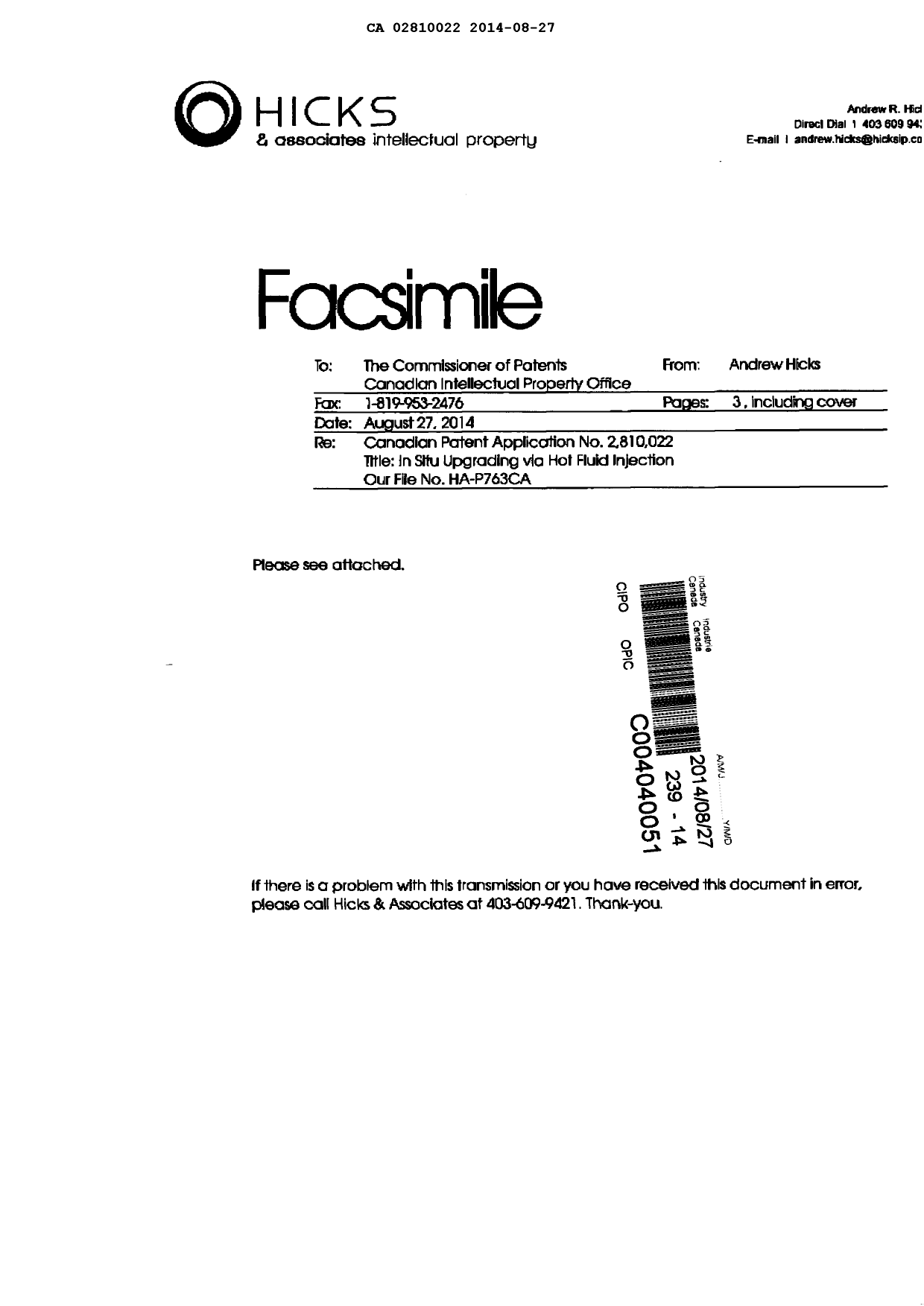 Canadian Patent Document 2810022. Correspondence 20131227. Image 2 of 2