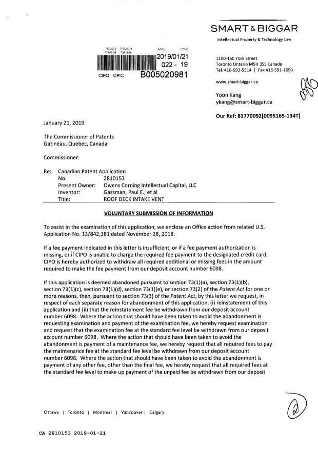 Document de brevet canadien 2810153. Modification 20190121. Image 1 de 2