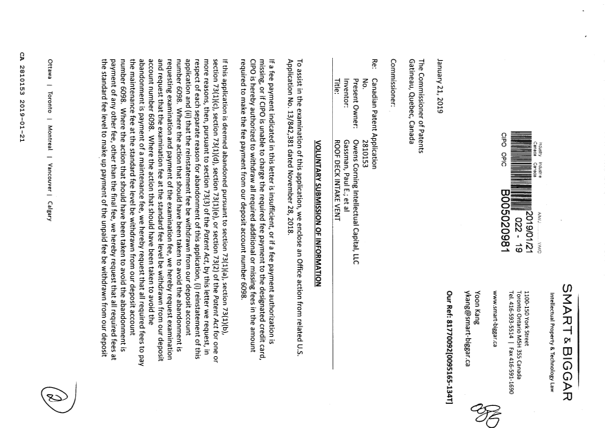 Canadian Patent Document 2810153. Amendment 20190121. Image 1 of 2
