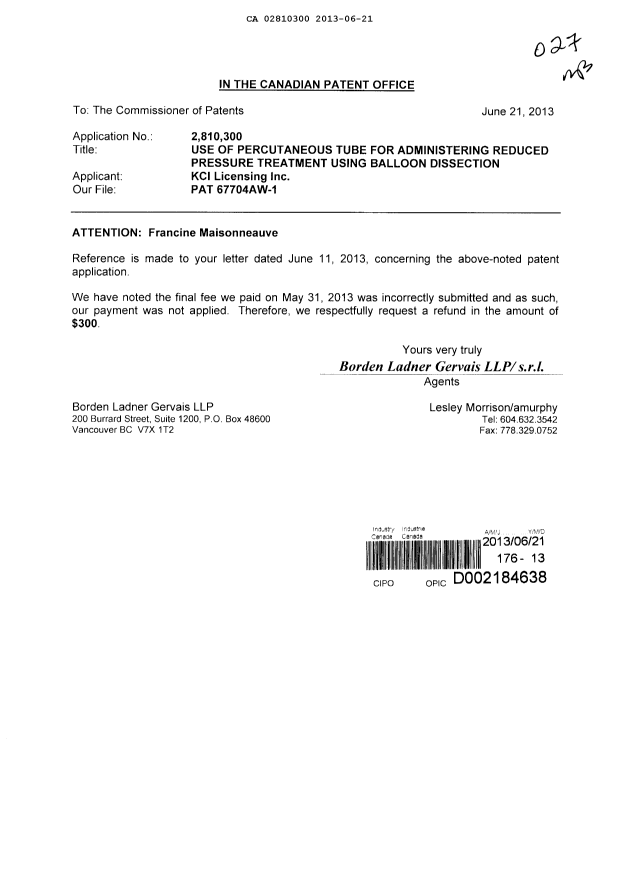 Canadian Patent Document 2810300. Prosecution-Amendment 20121221. Image 1 of 1