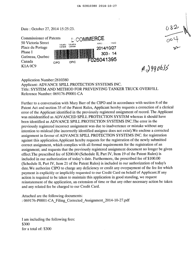 Canadian Patent Document 2810380. Correspondence 20131227. Image 1 of 4