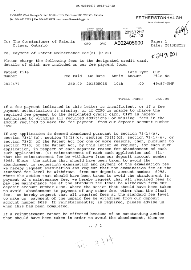 Canadian Patent Document 2810477. Fees 20131212. Image 1 of 2