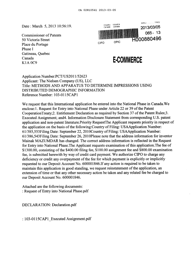 Document de brevet canadien 2810541. Cession 20121205. Image 1 de 17