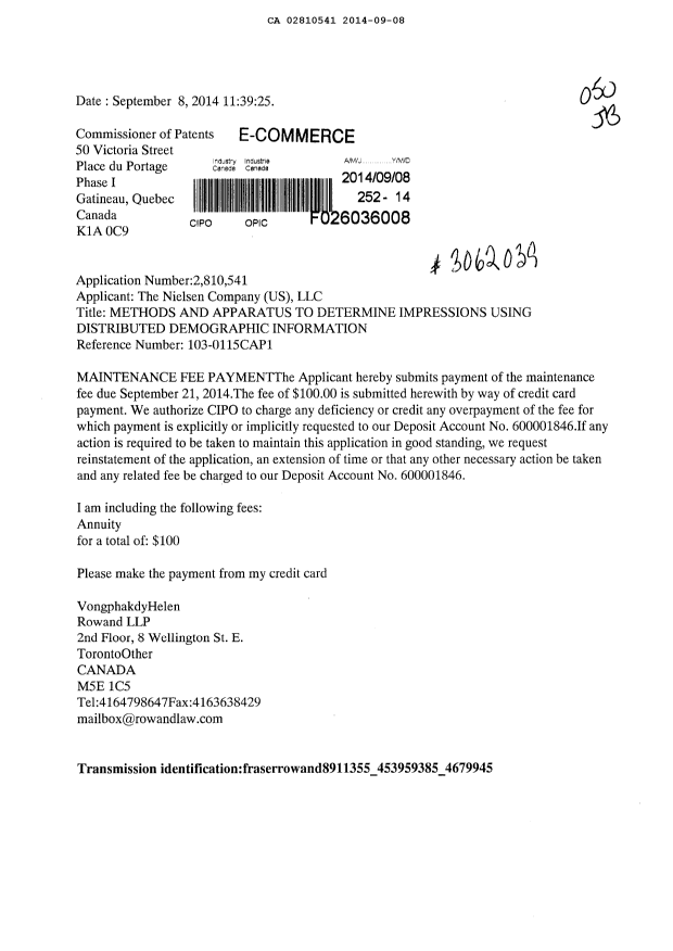 Canadian Patent Document 2810541. Fees 20131208. Image 1 of 1
