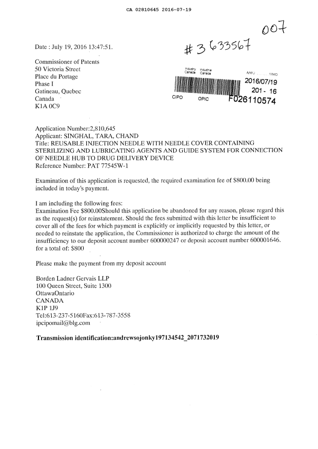 Document de brevet canadien 2810645. Poursuite-Amendment 20151219. Image 1 de 1