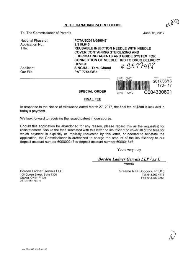 Document de brevet canadien 2810645. Correspondance 20161216. Image 1 de 1