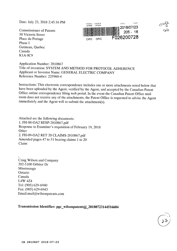 Document de brevet canadien 2810867. Modification 20180723. Image 1 de 24