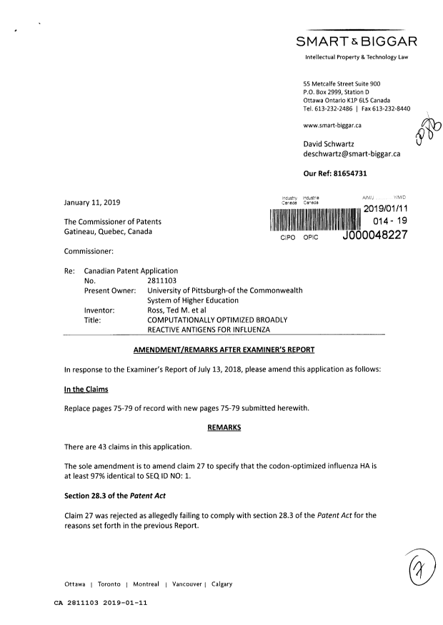 Canadian Patent Document 2811103. Prosecution-Amendment 20181211. Image 1 of 7