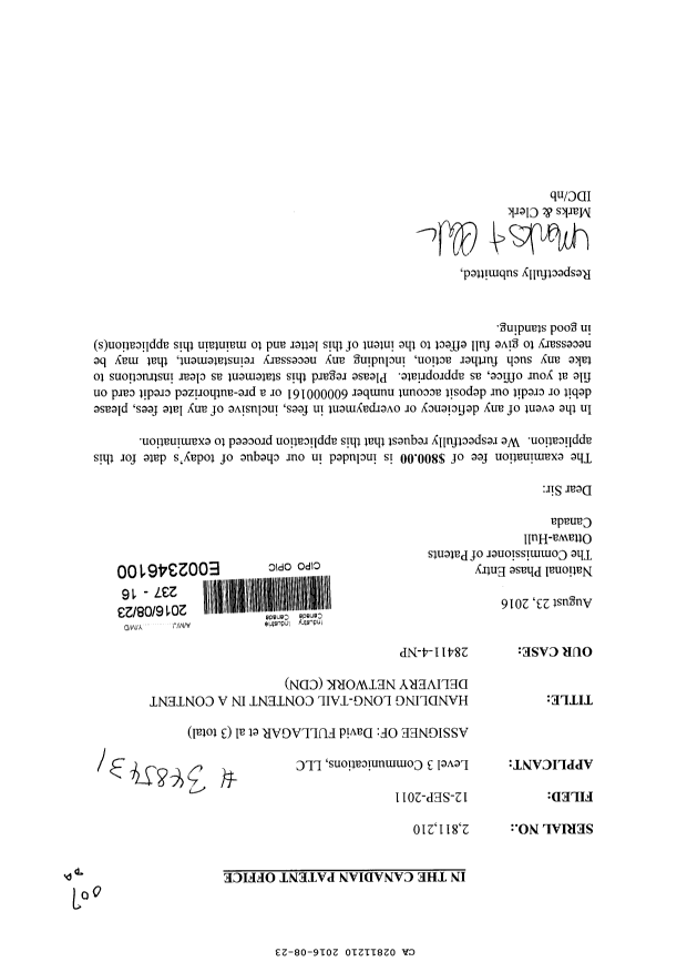 Document de brevet canadien 2811210. Poursuite-Amendment 20151223. Image 1 de 1