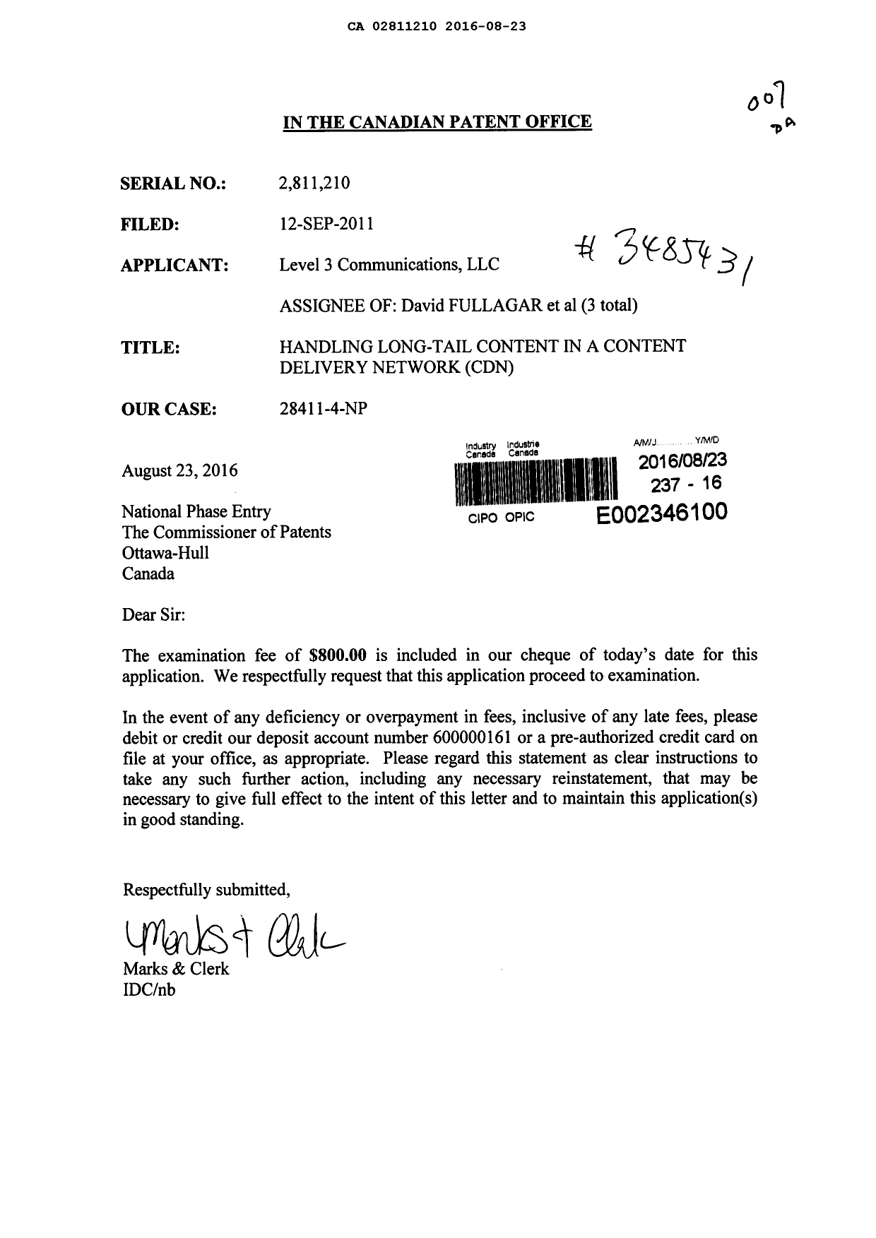 Document de brevet canadien 2811210. Poursuite-Amendment 20151223. Image 1 de 1
