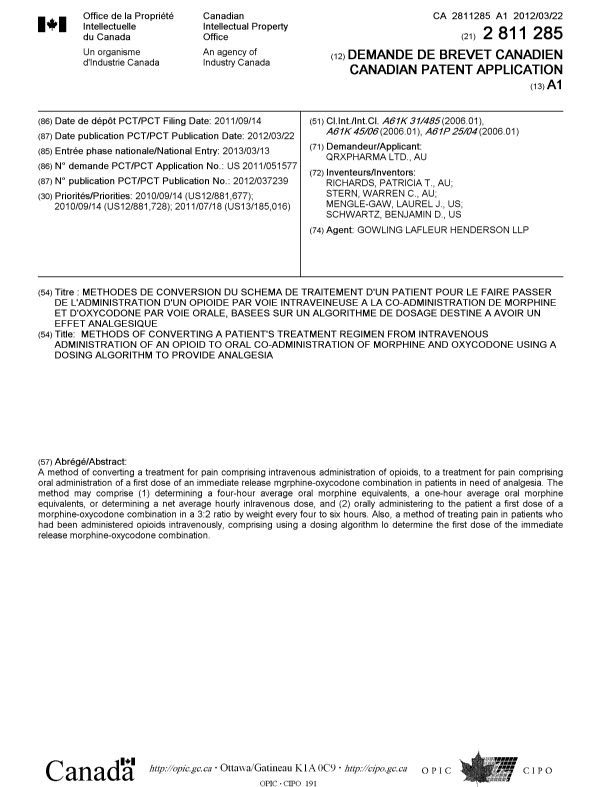 Document de brevet canadien 2811285. Page couverture 20130528. Image 1 de 1
