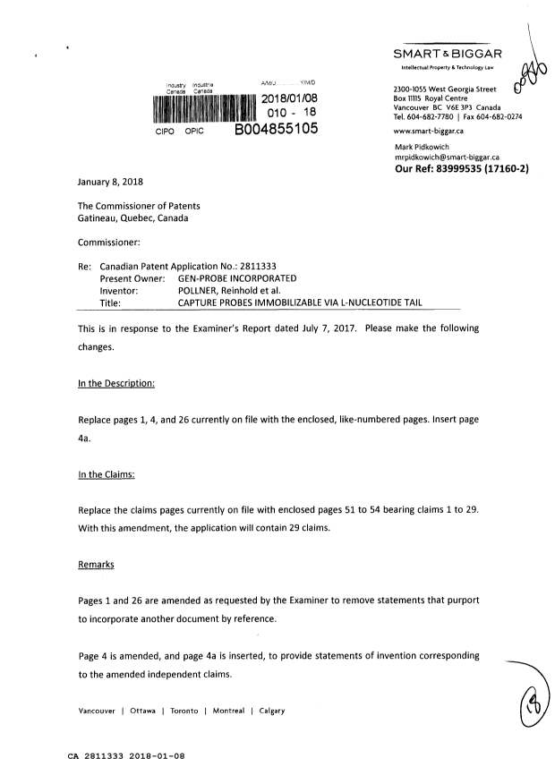 Document de brevet canadien 2811333. Modification 20180108. Image 1 de 18