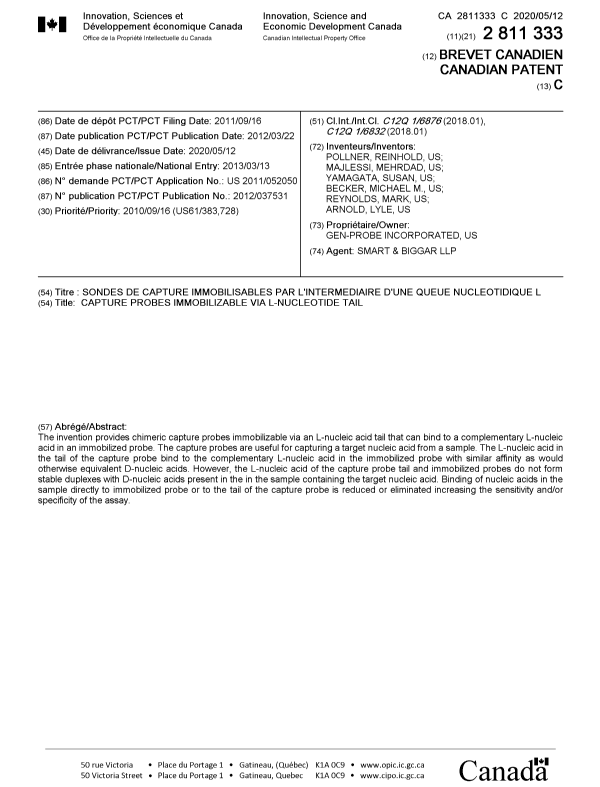 Document de brevet canadien 2811333. Page couverture 20200415. Image 1 de 1