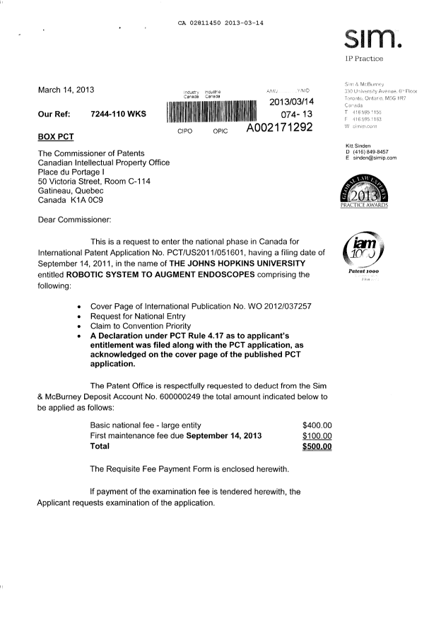Canadian Patent Document 2811450. Assignment 20130314. Image 1 of 5