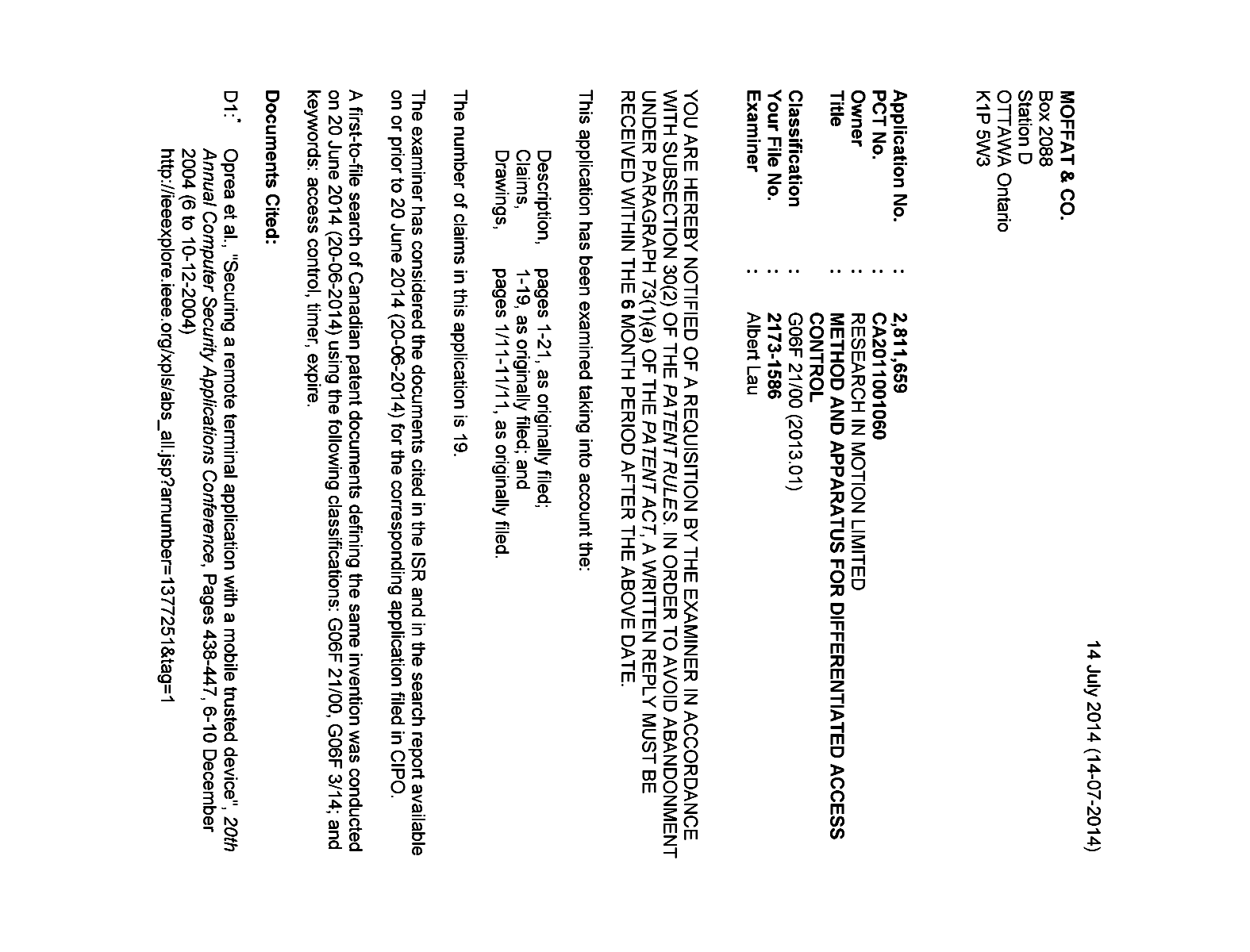 Canadian Patent Document 2811659. Prosecution-Amendment 20140714. Image 1 of 3