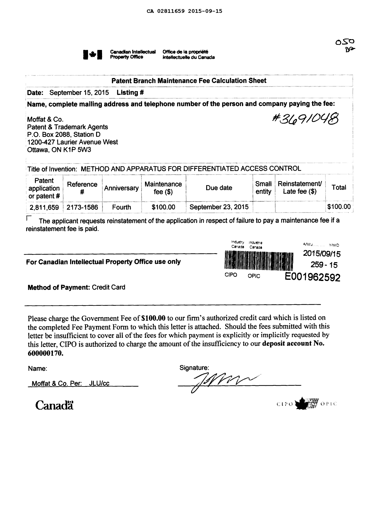 Canadian Patent Document 2811659. Maintenance Fee Payment 20150915. Image 1 of 1