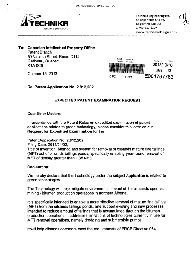 Canadian Patent Document 2812202. Prosecution-Amendment 20121216. Image 1 of 2