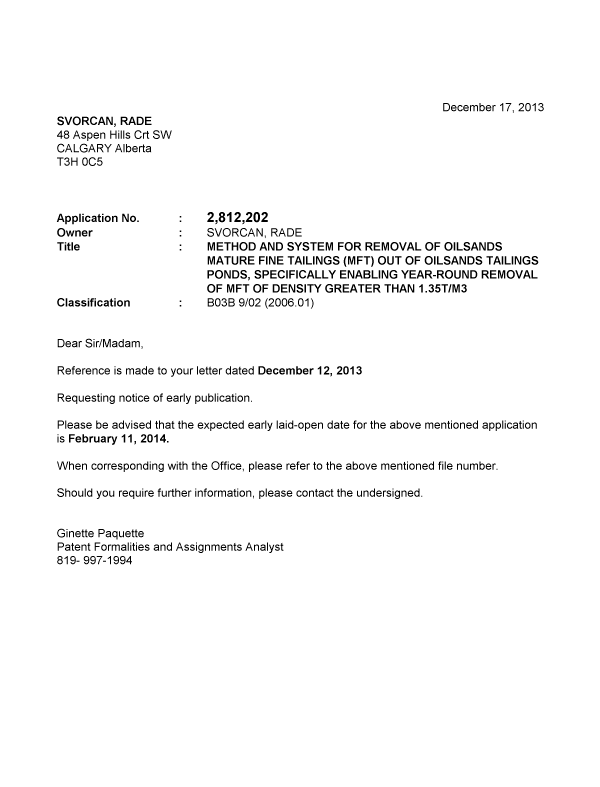 Document de brevet canadien 2812202. Correspondance 20121217. Image 1 de 1