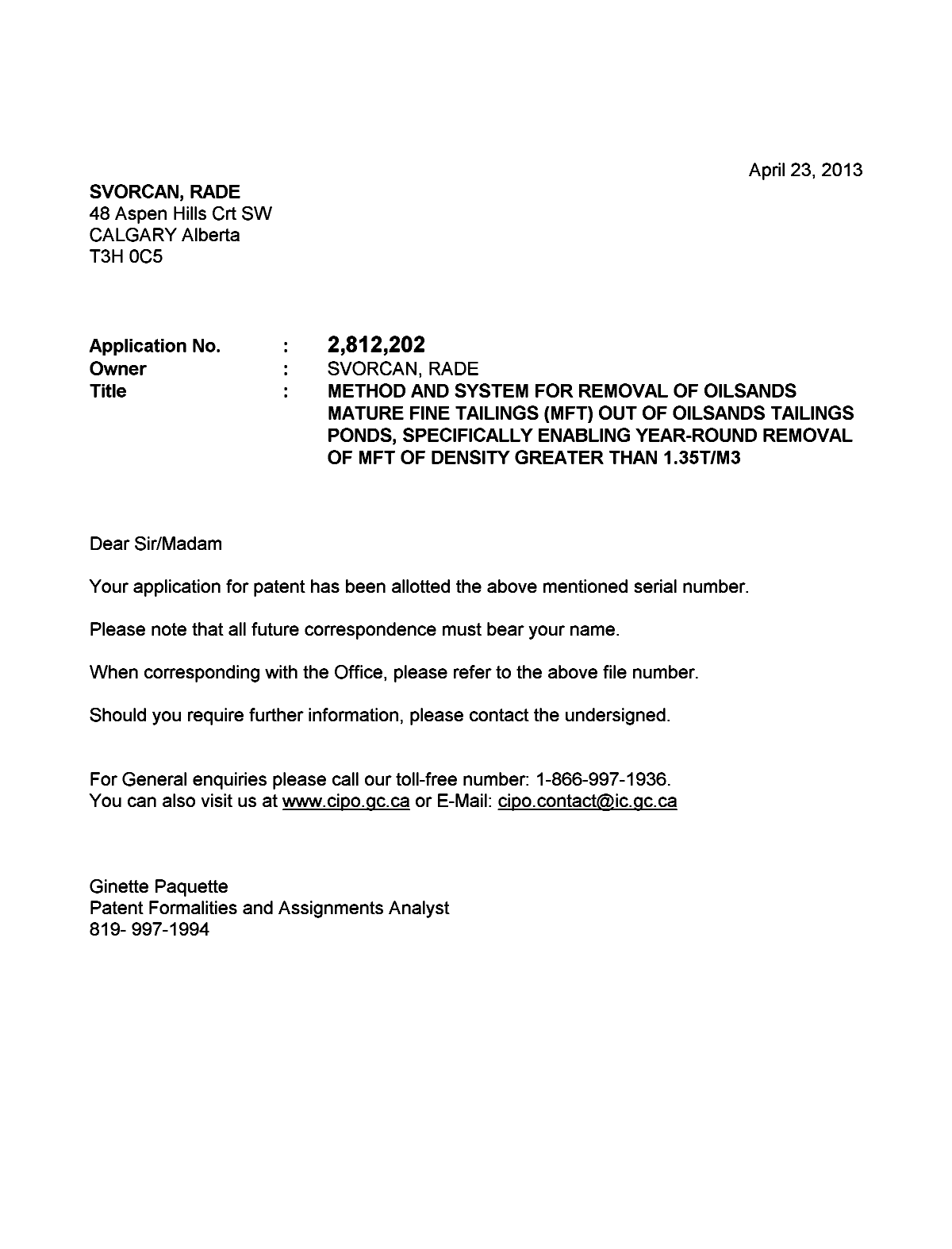 Canadian Patent Document 2812202. Correspondence 20130423. Image 1 of 1