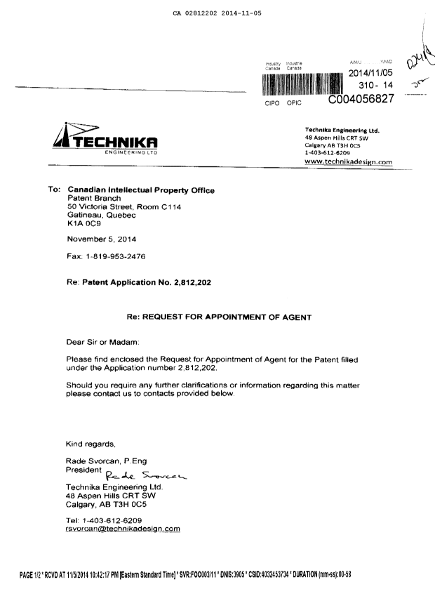 Canadian Patent Document 2812202. Correspondence 20131205. Image 1 of 2