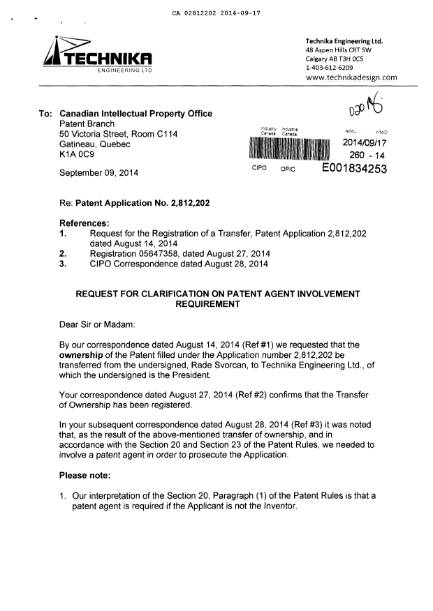Document de brevet canadien 2812202. Correspondance 20131217. Image 1 de 5