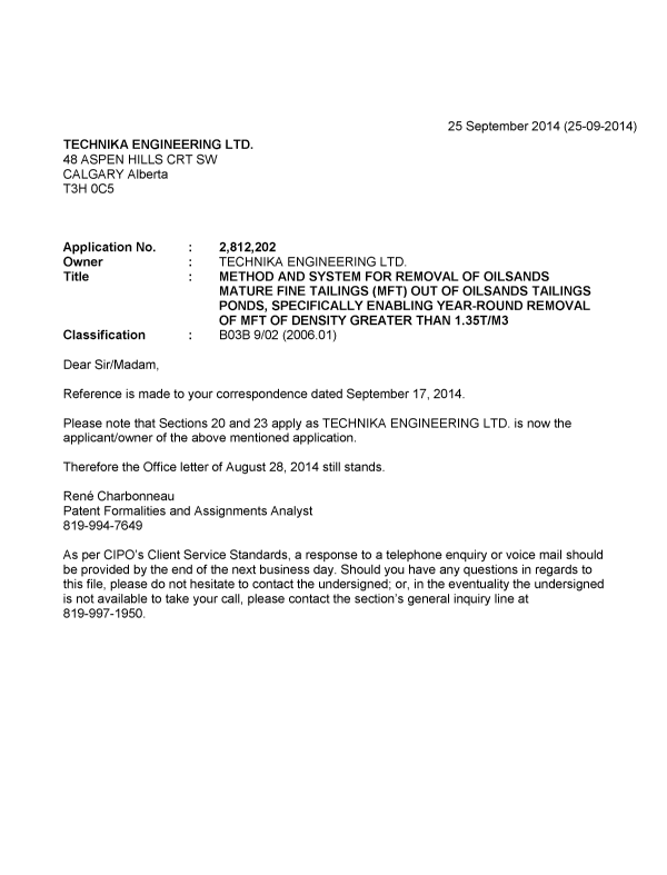 Document de brevet canadien 2812202. Correspondance 20131225. Image 1 de 1