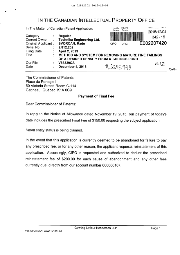 Canadian Patent Document 2812202. Correspondence 20141204. Image 1 of 2