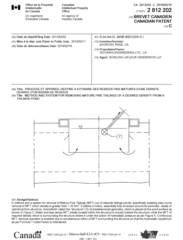 Document de brevet canadien 2812202. Page couverture 20151227. Image 1 de 1