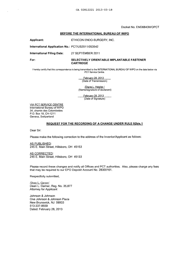 Document de brevet canadien 2812221. Correspondance 20130318. Image 1 de 1