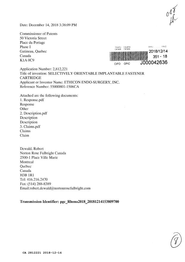 Document de brevet canadien 2812221. Modification 20181214. Image 1 de 8